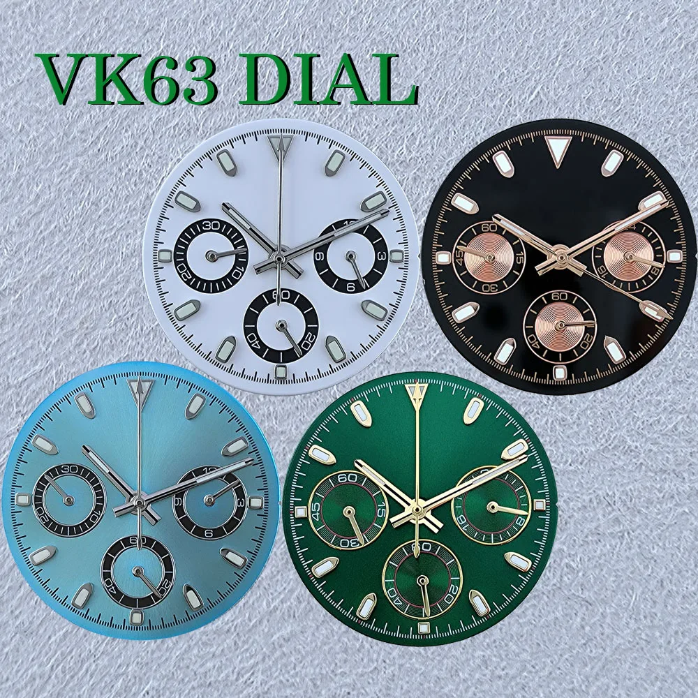 VK63 Chronographen-Zifferblatt, Herrenuhr, Zifferblatt 29,5 mm, individuelles Logo, Panda-Zifferblatt, grün leuchtendes Zifferblatt, VK63 Quarzwerk, Uhrenzubehör Image