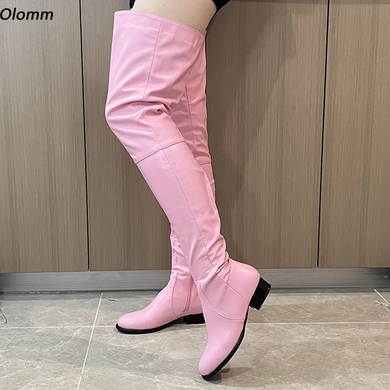 OLOMM Handgefertigte Damen-Winter-Oberschenkelstiefel, Unisex, flach, mit Absätzen, seitlicher Reißverschluss, runde Zehen, hübsche rosa Schuhe für Damen, US-Größe 5–20