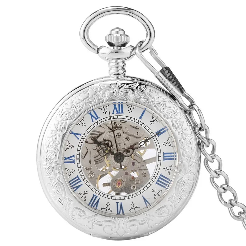 Silberne mechanische Taschenuhr mit Handaufzug für Männer und Frauen, römische Zahl, halber Hunter-Skelettuhr mit Anhänger, Kette, Geschenk Image