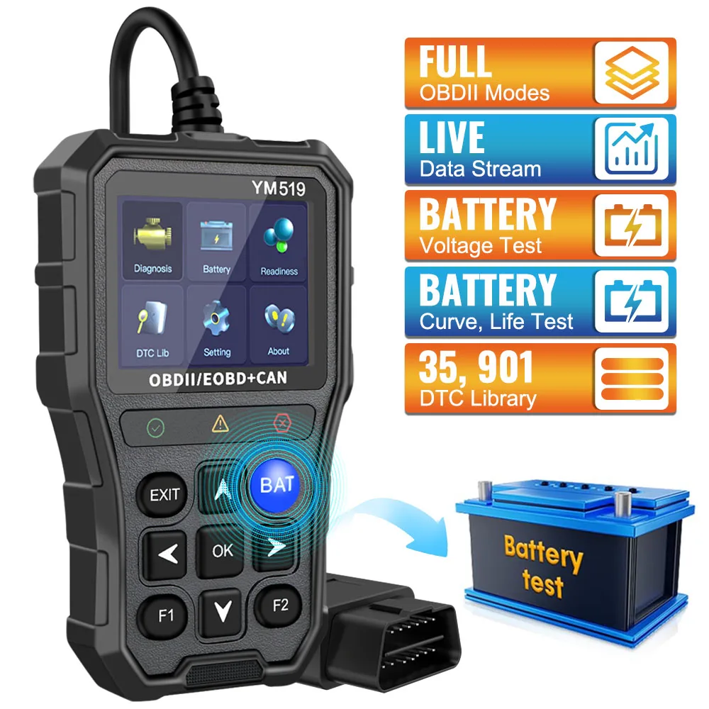 Scanner de Code de défaut, testeur de batterie, lecteur de Code OBD2, contrôle du système moteur YM519, outil de Diagnostic de voiture multilingue, lecteur de Code