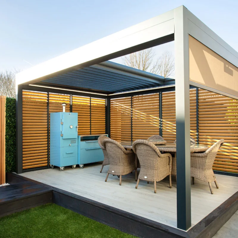 Garten-Außenterrasse, zusammenklappbar, einziehbar, Terrasse, bioklimatische Dachdeckung, Pergola, Markise, wasserdichte Pavillons, Festzelte, Zelte, Garage Image