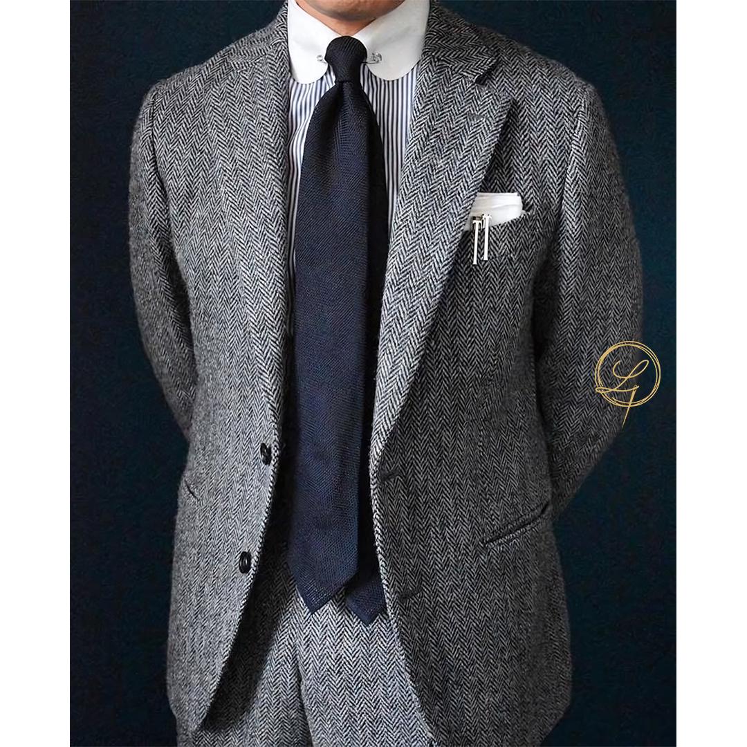 Abito da uomo in lana a spina di pesce grigio chiaro, 3 pezzi, classico abito in tweed, abito da uomo su misura fatto a mano, elegante abito formale i