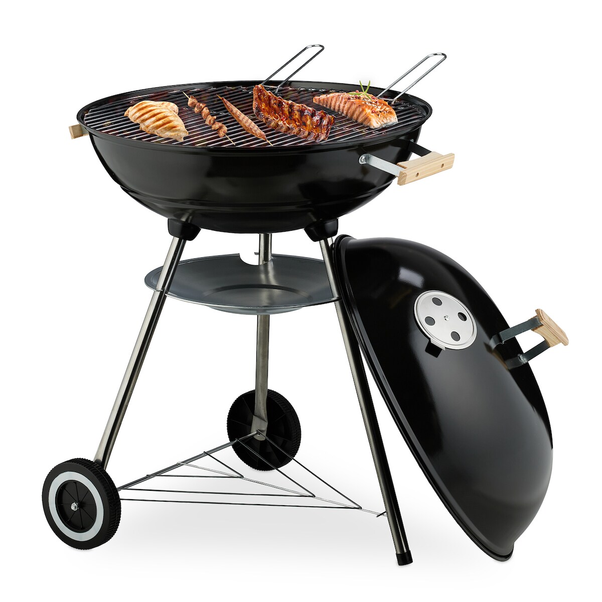 Relaxdays Kugelgrill, Ø 54 cm Grillrost, Outdoor BBQ, Holzkohlgrill m. Rädern & Standfuß, Auffangschale, Smoker, schwarz Image