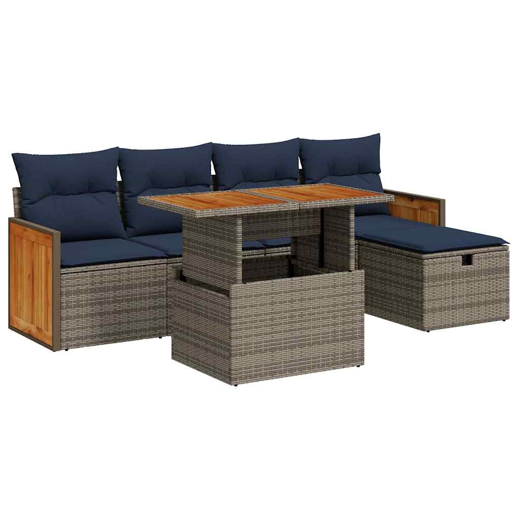 vidaXL 6-tlg. Garten-Sofagarnitur mit Kissen Grau Poly Rattan Akazie Image