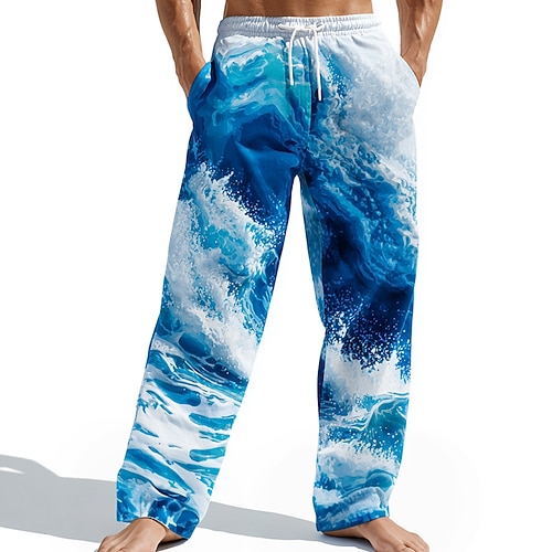 Herren Ozean Wellen Hose Freizeithose Baggy-Hosen Mittlere Taille Hawaiianisch Outdoor Urlaub Strandbekleidung Elastischer Kordelzug in der Taille Leinenähnliche Hose mit Taschen Sommer Frühling Image