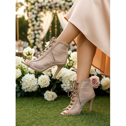 Elegante Schnürstiefeletten mit offener Zehenpartie und Mesh-Einsätzen – stilvolle High Heels für Gartenhochzeiten, besondere Anlässe und Brautjungfernkleider, bequemes und bequemes Design Image
