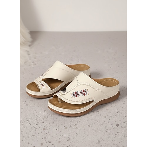 Bestickte Plateau-Sandalen im Boho-Stil für Damen – bequeme Pantoletten mit Zehenschlaufe für drinnen und draußen, Sommerurlaub und entspanntes Beisammensein Image