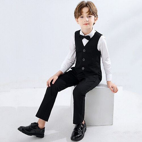 4-teilig Ring-Träger Anzug Jungen Kinder Anzug Weste Hemd Hosen Lässig Outdoor Party Mode Cool Basic Einfarbig Tasche Knöpfe Blau Schwarz Weiß Polyester Image