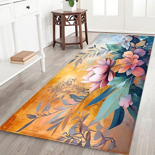 Rutschfester Flurläufer mit Pflanzen-, Blumen- und Blattmuster, bedruckte Flanell-Fußmatte für Eingangsbereich, Badezimmer und Wohnbereich Image