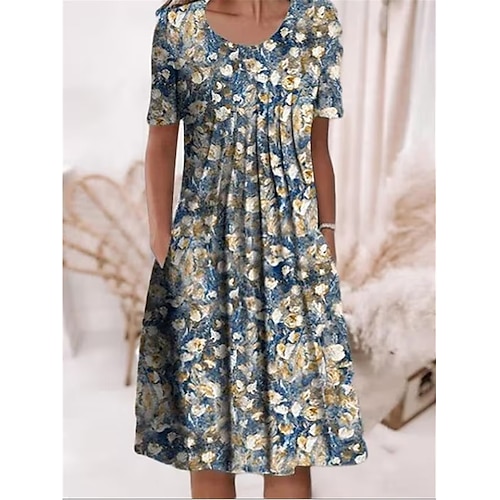 Damen Midikleid Freizeitkleid Sommerkleid Mode Modern Täglich Strand Wochenende Normale Passform Blumen Kurzarm Rundhalsausschnitt Blau Weiß Rote Marineblau Sommer Image