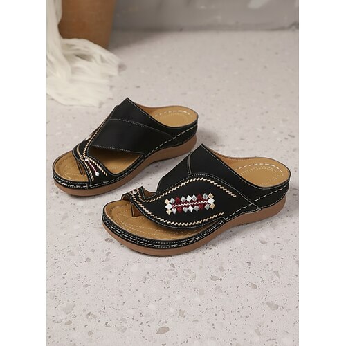 Bestickte Plateau-Sandalen im Boho-Stil für Damen – bequeme Pantoletten mit Zehenschlaufe für drinnen und draußen, Sommerurlaub und entspanntes Beisammensein Image