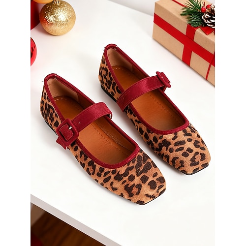 Damen-Mary-Jane-Ballerinas mit Leopardenmuster und Samtriemen mit Schnalle – Vintage-Stil, perfekt für Weihnachten, festliche Anlässe und den Alltag Image