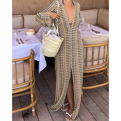 Damen Badeanzug Überwurf Kleid Bademode Spitze Urlaub Strandbekleidung Geometrisch V Ausschnitt Langarm Badeanzüge Image