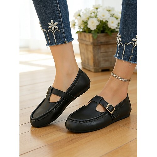Beige Mary-Jane-Loafer mit T-Riemen für Damen – lässige, flache Schuhe mit Schnalle für Büro, Schule und Alltag Image