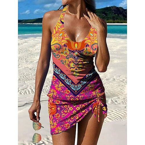 Damen Badeanzug Tankini Rock Bademode Elegant Urlaub Blumen Grafik Stürzen Ärmellos Badeanzüge Image