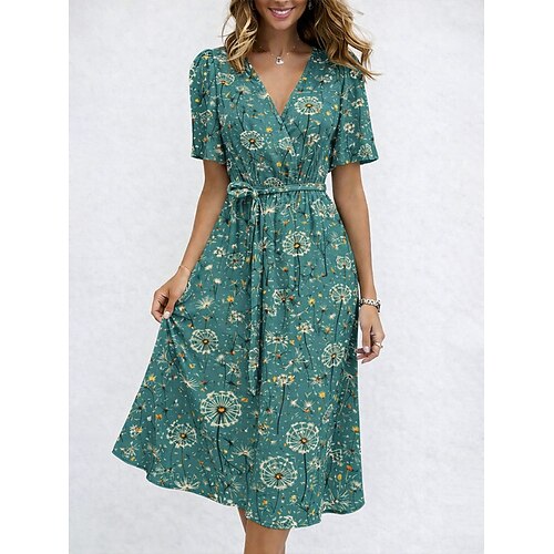 Damen Midikleid Sommerkleid A Linie Kleid Lässig Party Ferien Normale Passform Blumen Grafik Kurzarm V Ausschnitt Blau Weiß Rote Grün Sommer Frühling Image
