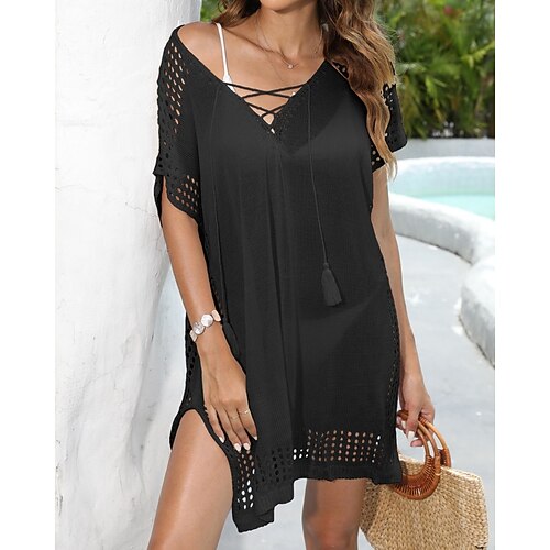 Damen Badeanzug Überwurf Badeanzugkleid Bademode Ausschnitt Urlaub Strandbekleidung Einfarbig V Ausschnitt Kurze Ärmel Badeanzüge Image