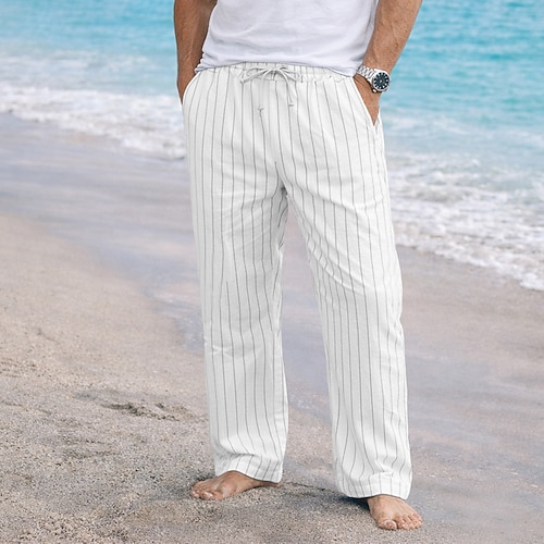 Herren Leinenhosen Hose Sommerhose Baggy-Hosen Kordelzug Elastischer Bund Gerader Schnitt Gestreift Komfort Atmungsaktiv Volle Länge Lässig Täglich Ferien Mode Klassicher Stil Blau Schwarz Image
