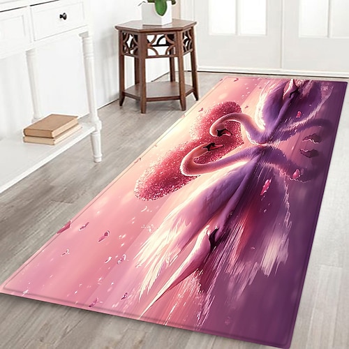 Rutschfester Flurläufer mit Pflanzen-, Blumen- und Schwanenmuster, bedruckte Flanell-Fußmatte für Eingangsbereich, Badezimmer und als Dekoration für Ihr Zuhause Image