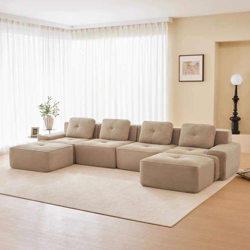 4-Sitzer-modulares Sofa ohne Knochen mit U-förmiger Stuhllänge, bequem gepolstertes Cloud-Sofa aus Cord für das Wohnzimmer, rutschfestes Design