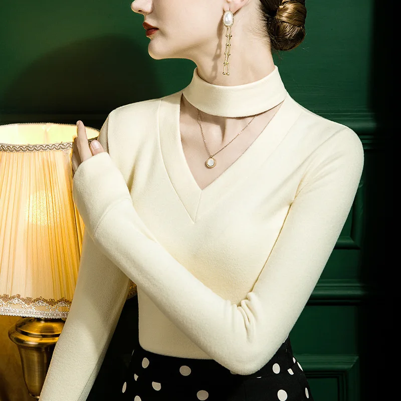 # 4368 Schwarz Beige Braun Langarm T Shirt Frauen Warme Neckholder Sexy Engen T Shirt Femme Aushöhlen Dicke Herbst winter