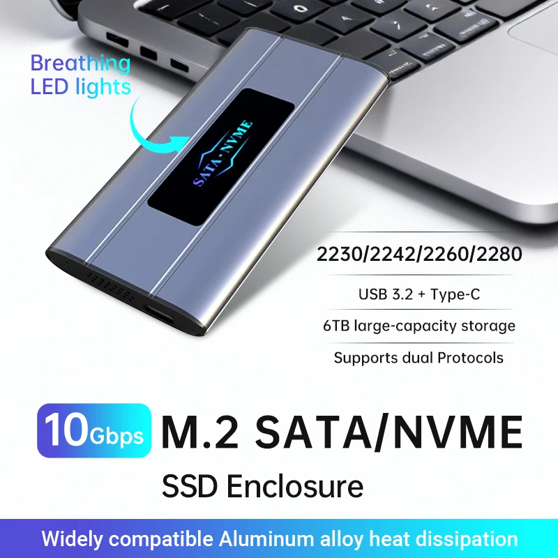M.2 Nvme SSD-Gehäuse, extern, 6 TB, 10 Gbit/s, Hochgeschwindigkeits-USB 3.2 Gen2 Typ-C-Adapter, NGFF SATA PCIe SSD-Gehäuse, Box aus Aluminiumlegierung Image