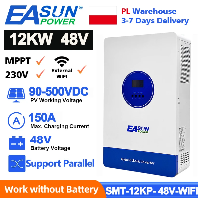 Inverter Solare Ibrido EASUN POWER 12KVA 11KW 48V 150A con Caricatore Solare MPPT, Inverter Off-Grid a Onda Pura 500VDC con WIFI e Funzione Parallela