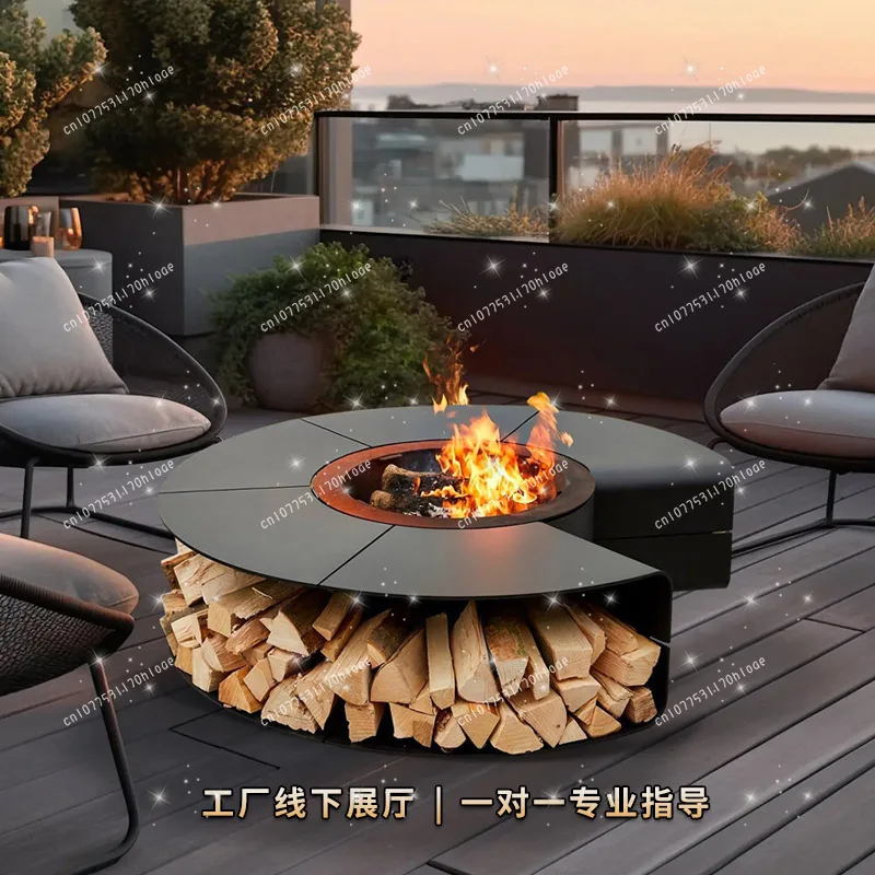 Dekorativer Landschafts-Holzkamintisch für den Außenbereich mit Grillnetzabdeckung, Heizung aus Edelstahl für den Heimgebrauch Image