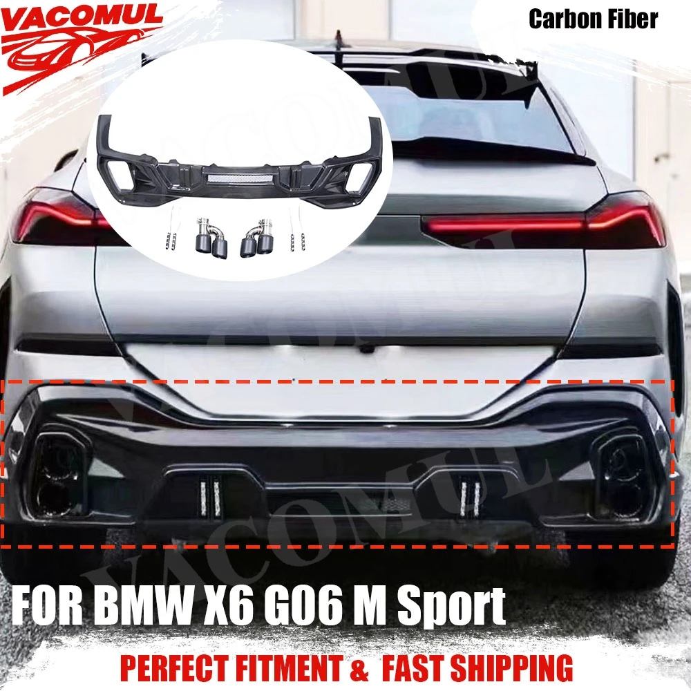 VACOMUL Kohlefaser-Hecklippen-Diffusor mit Auspuff für BMW X6 G06 M Sport 2020 2021 2022 2023, Heckstoßstangenschutz Image