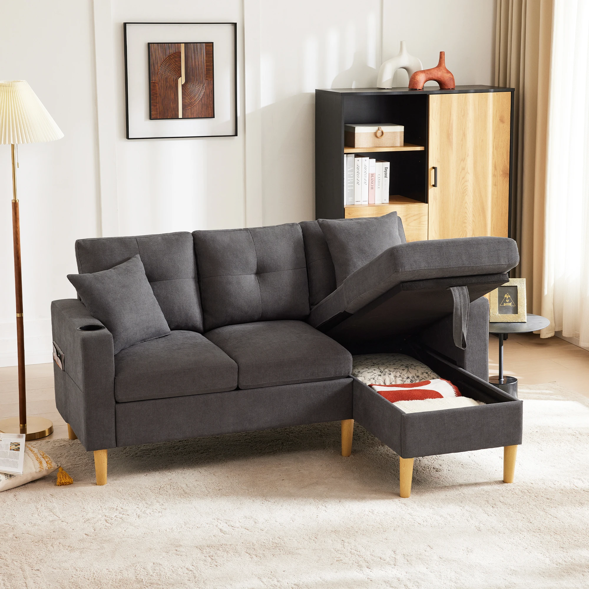 Ecksofa mit Chaiselongue,Stauraum und integriertem Getränkehalter,Relaxsofa mit 2 Kissen,3-Sitzer-Sofa Image