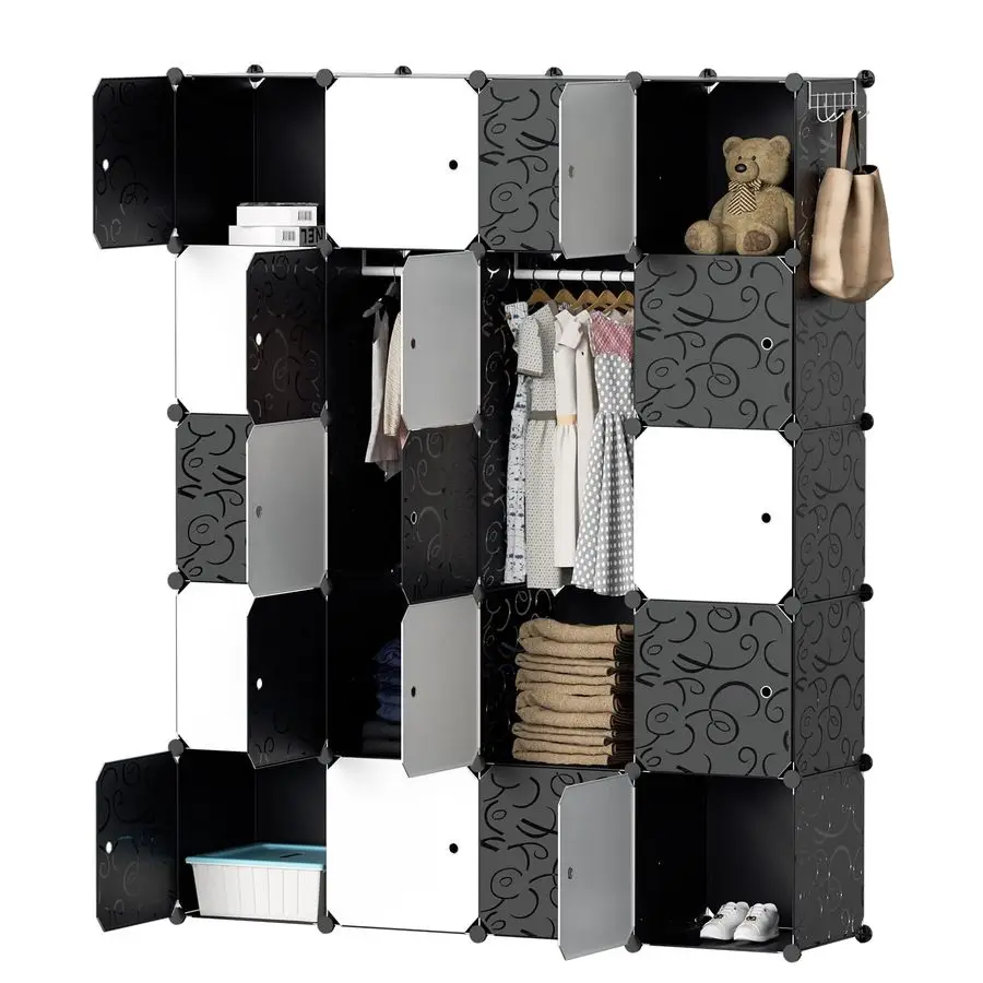 Kleiderschrank-Regal-System, 20-Würfel, Kleiderschrank, offener Kunststoff-Kleiderschrank mit Türen, Kleiderbügel mit Kleiderhaken, Schwarz und Weiß