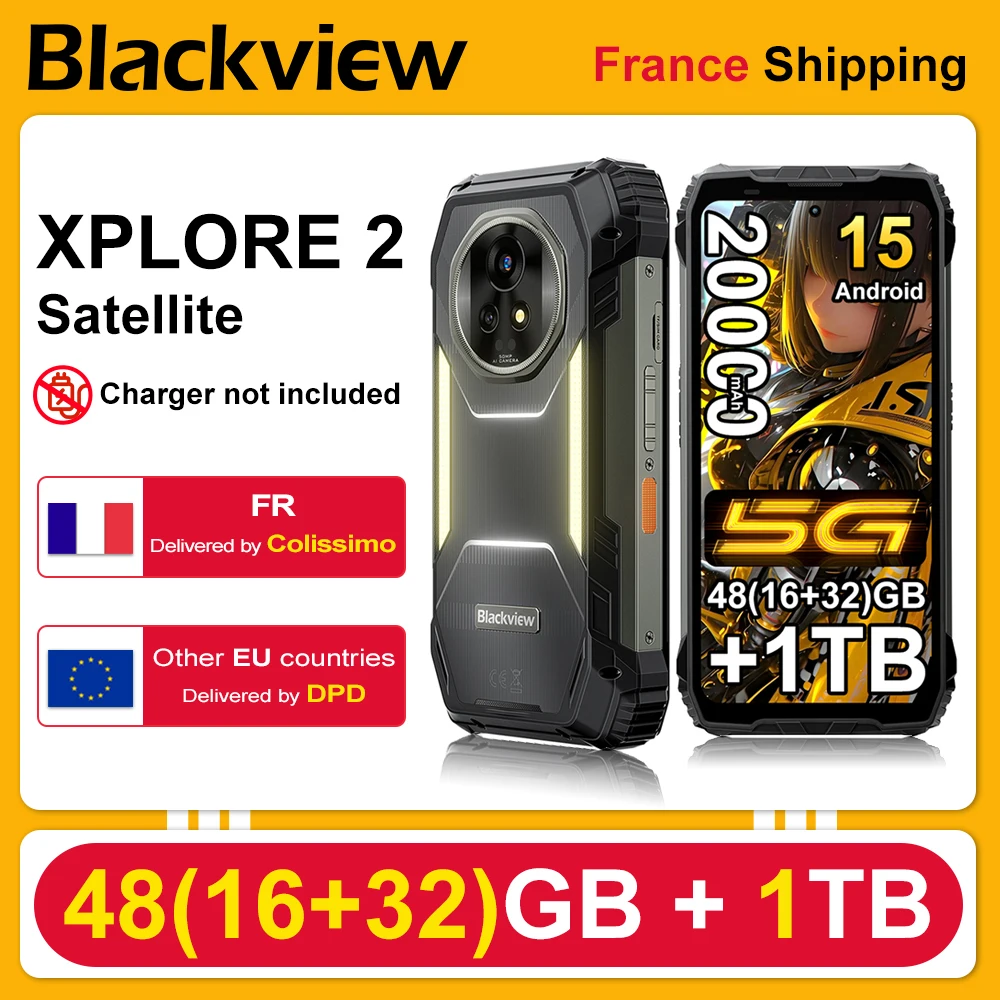 BLACKVIEW XPLORE 2 Satellite [Sans chargeur UE] Smartphone Renforcé 48(16+32)Go+1To Android 15 Écran 6.73