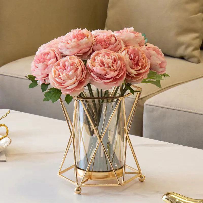 Europäische Luxus-Vase aus Metall und Glas für trockene Blumen, nordische Wohnzimmer-Tischdekoration