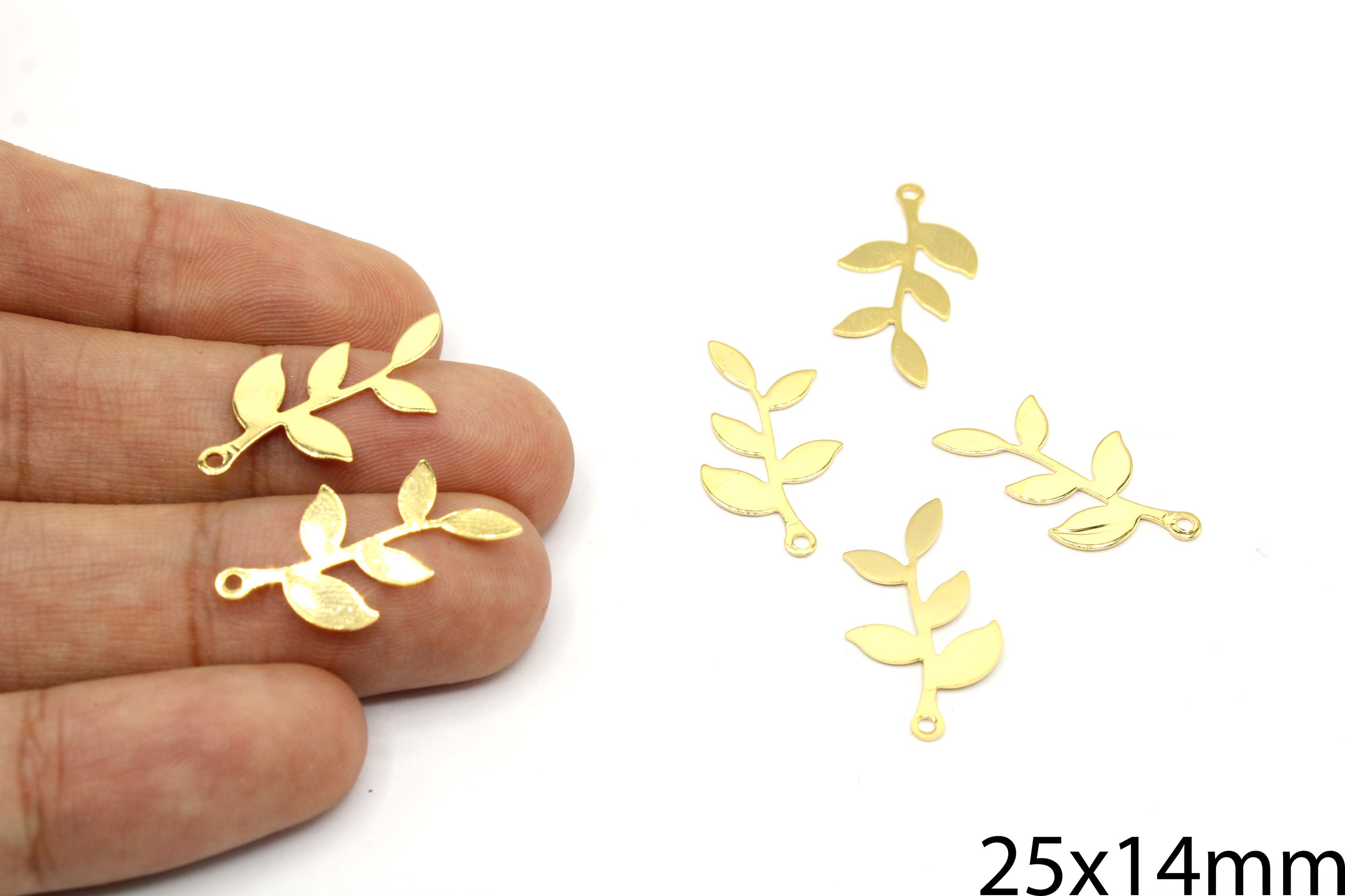 4 pezzi da 25 mm placcati oro mini ciondolo ramo d'ulivo, ciondolo botanico a forma di foglia