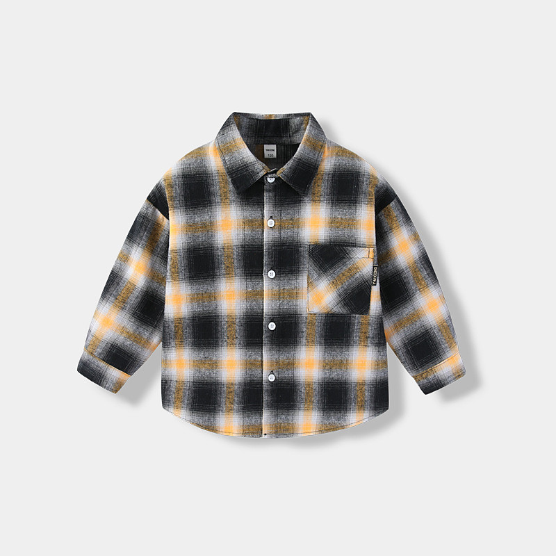Kids Unisex Shirts Plaid Long Sleeve Pocket Casual Neutral Yellow Spring Clothes 4 years