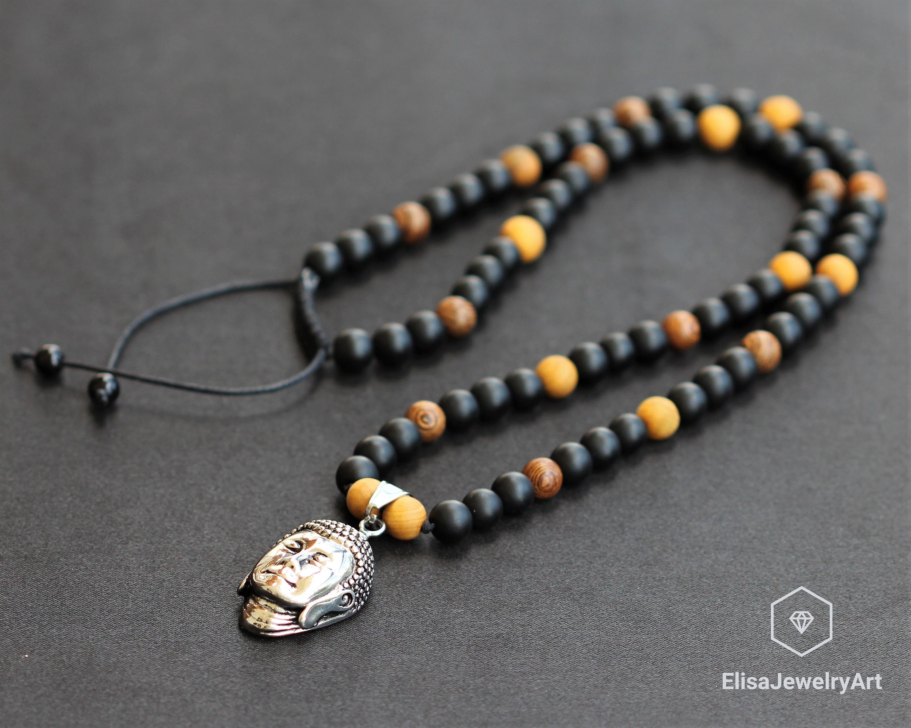 Collana Buddha Collana di perline di sandalo naturale Collana di perline di onice Collana di perline di macramè Yoga Mala Protezione Meditazione Unise