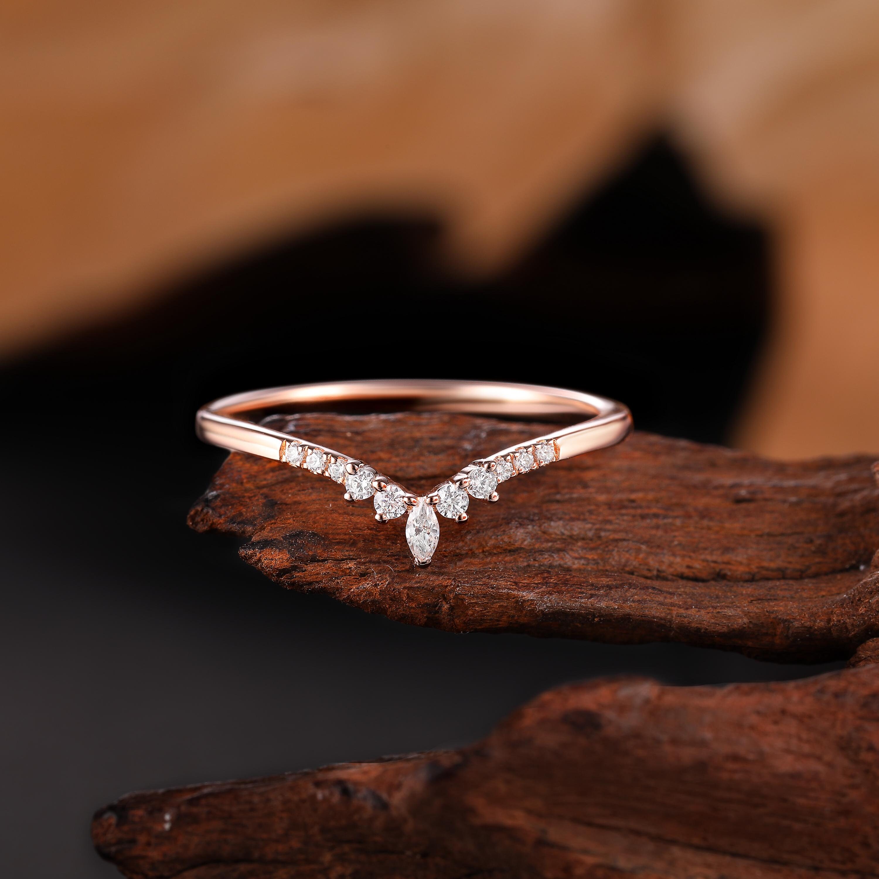 Anello Moissanite/Diamante Taglio Marquise Oro Rosa Fede Nuziale Curva Anello Impilabile Delicato Anello Abbinato da Sposa Anello Promessa Anniversari