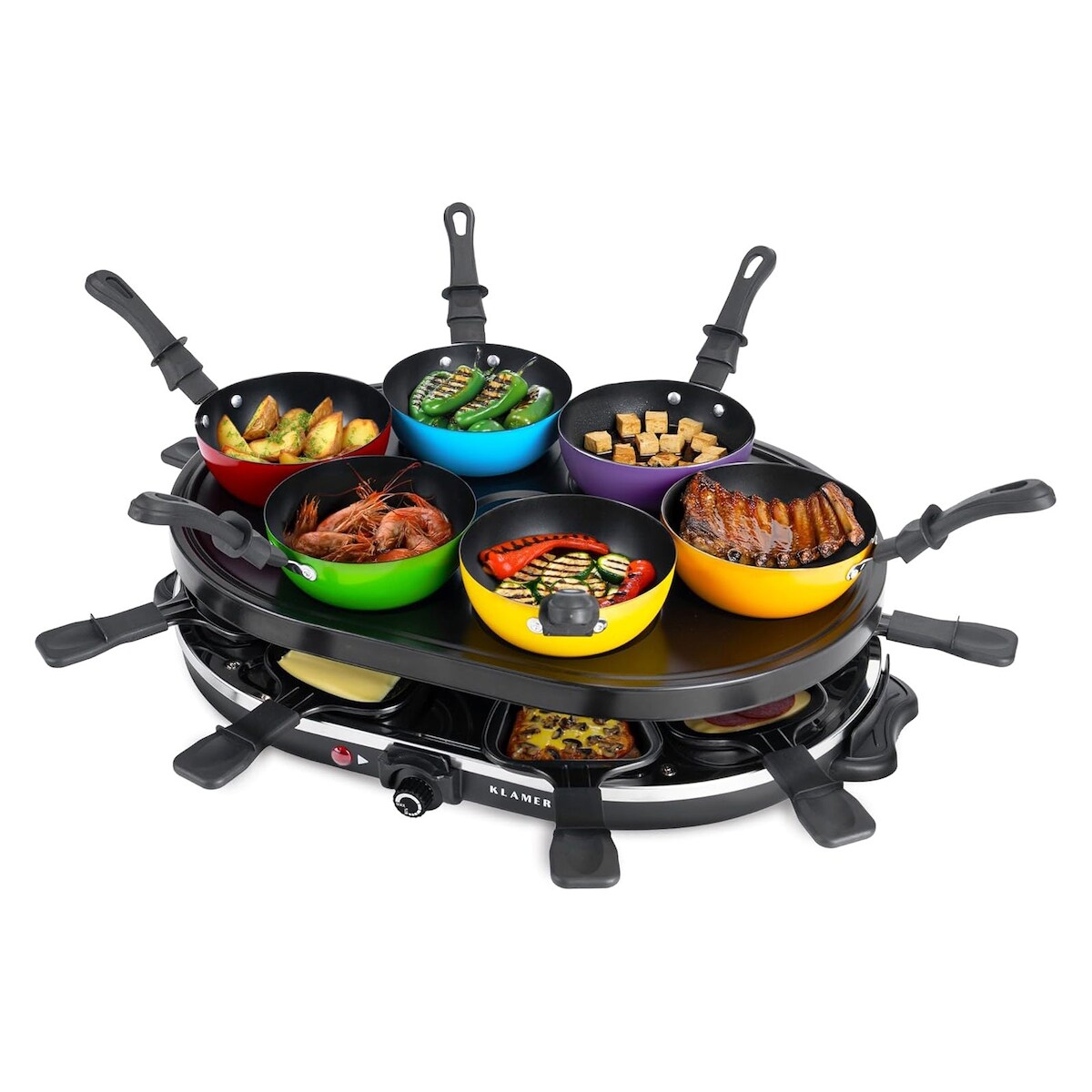KLAMER Raclette-Wok 1200 W – Raclette Grill mit 6 Wokpfännchen & 8 Raclettepfännchen, Antihaftbeschichtung, stufenloser Temperaturregler, inkl. Image