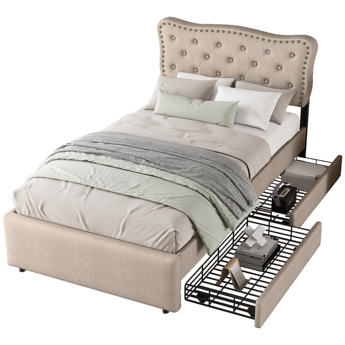 MODFU Gepolstertes Bett 90x200 cm Leinenstoff Dunkelbeige 2 Schubladen Nachttisch Inklusive Dekorative Nieten Modern Komfortabel Image