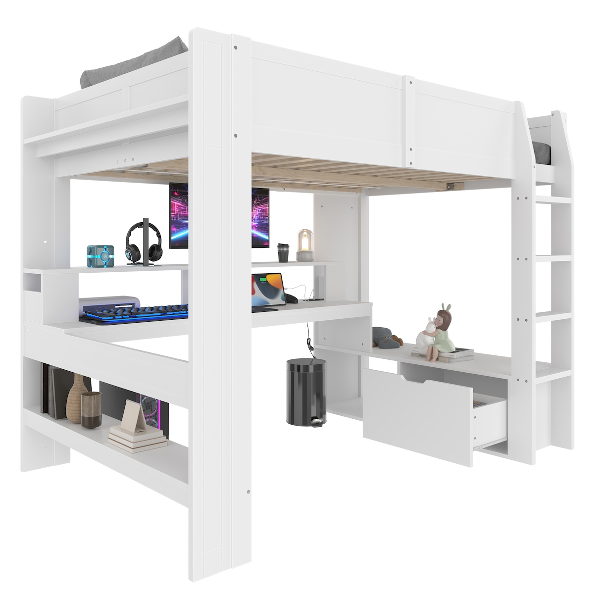 MODFU Hochbett 140x200 mit Schreibtisch, LED-Beleuchtung und Stauraum in Weiß – Praktisches Gaming Bett aus Kiefernholz für zimmer Image