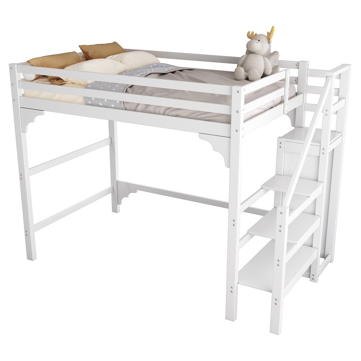OKWISH Hochbett 140x200 aus Kiefer mit Kleiderschrank und Stauraumtreppe, massives Holzbett, platzsparendes Bettgestell mit Leiter, modernes Design Weiß Image