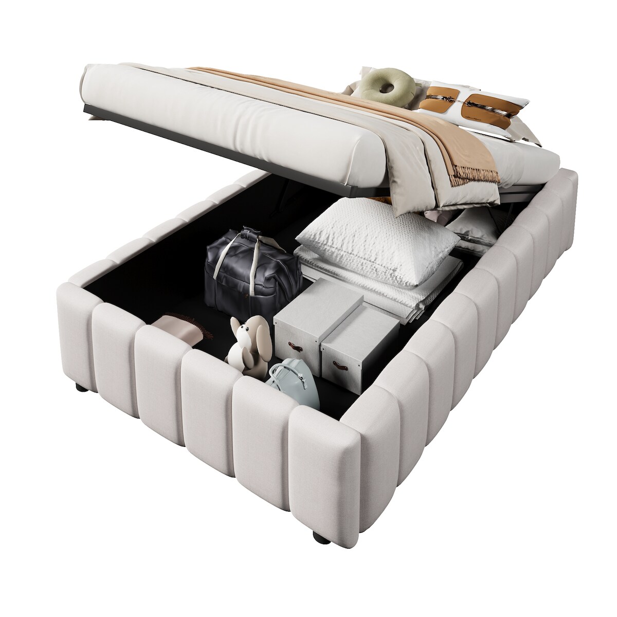 OKWISH Polsterbett 90x200 mit hydraulischem Stauraum, Lattenrost nicht inklusive, minimalistisches Design, platzsparend und modern, Beige Image