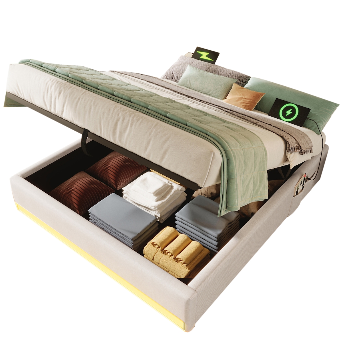 STILVORA Polsterbett 140x200 Leinen MDF mit LED-Beleuchtung, USB + Typ-C Anschlüsse, hydraulischer Stauraum, Lattenrost, Multifunktional, Beige Image