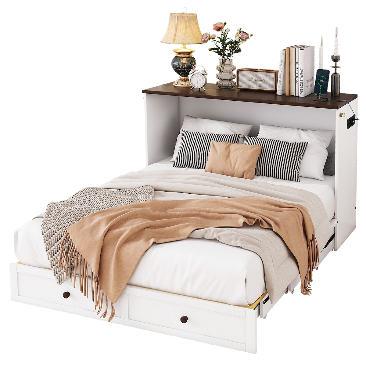 STILVORA Mobiles Schrankbett 140x200 mit Schublade und Regal, umbaubares Wandbett mit Lattenrost, USB-Anschluss, Kiefernholz MDF, platzsparend, weiß Image