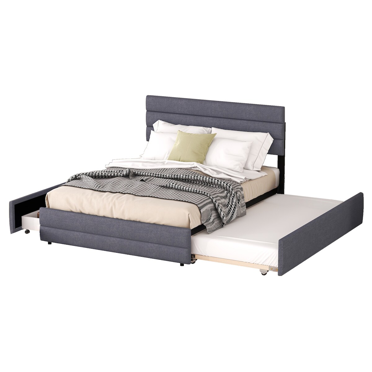 MODFU Plattformbett 140x200 cm mit Räummaschine 2 Schubladen Stauraumbett verstellbares Kopfteil Polsterbett Leinenbezug Modern Grau Image