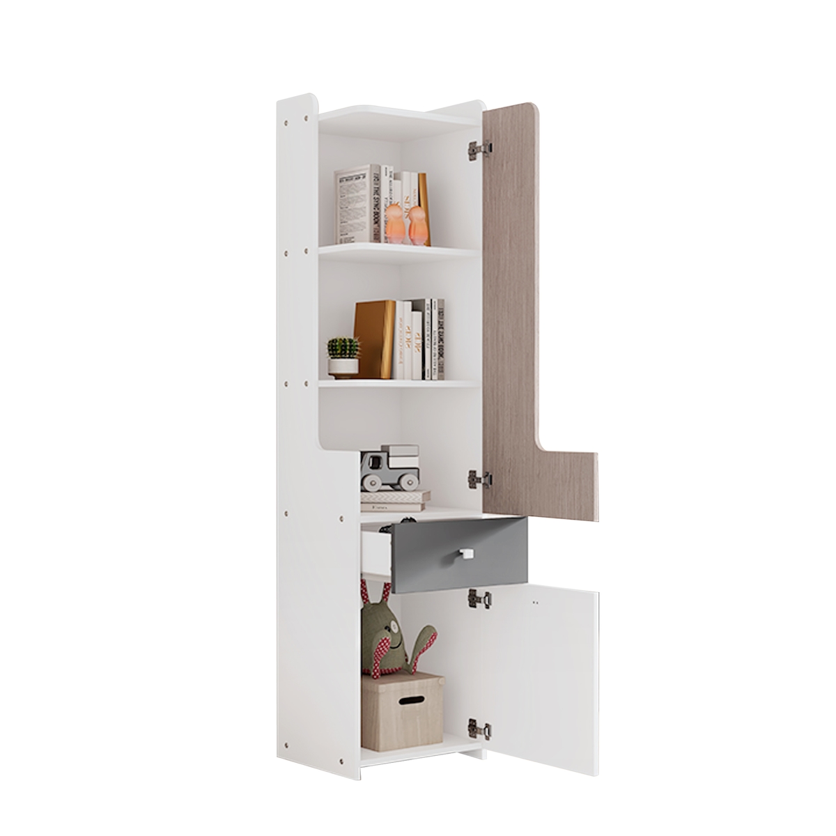 OKWISH Hohes Bücherregal 45x40x184 mit L-förmiger Tür, Schublade, Einlegeböden, offenes Fach, Stauraum, platzsparend, modern, Weiß+HelleUlme+Grau Image
