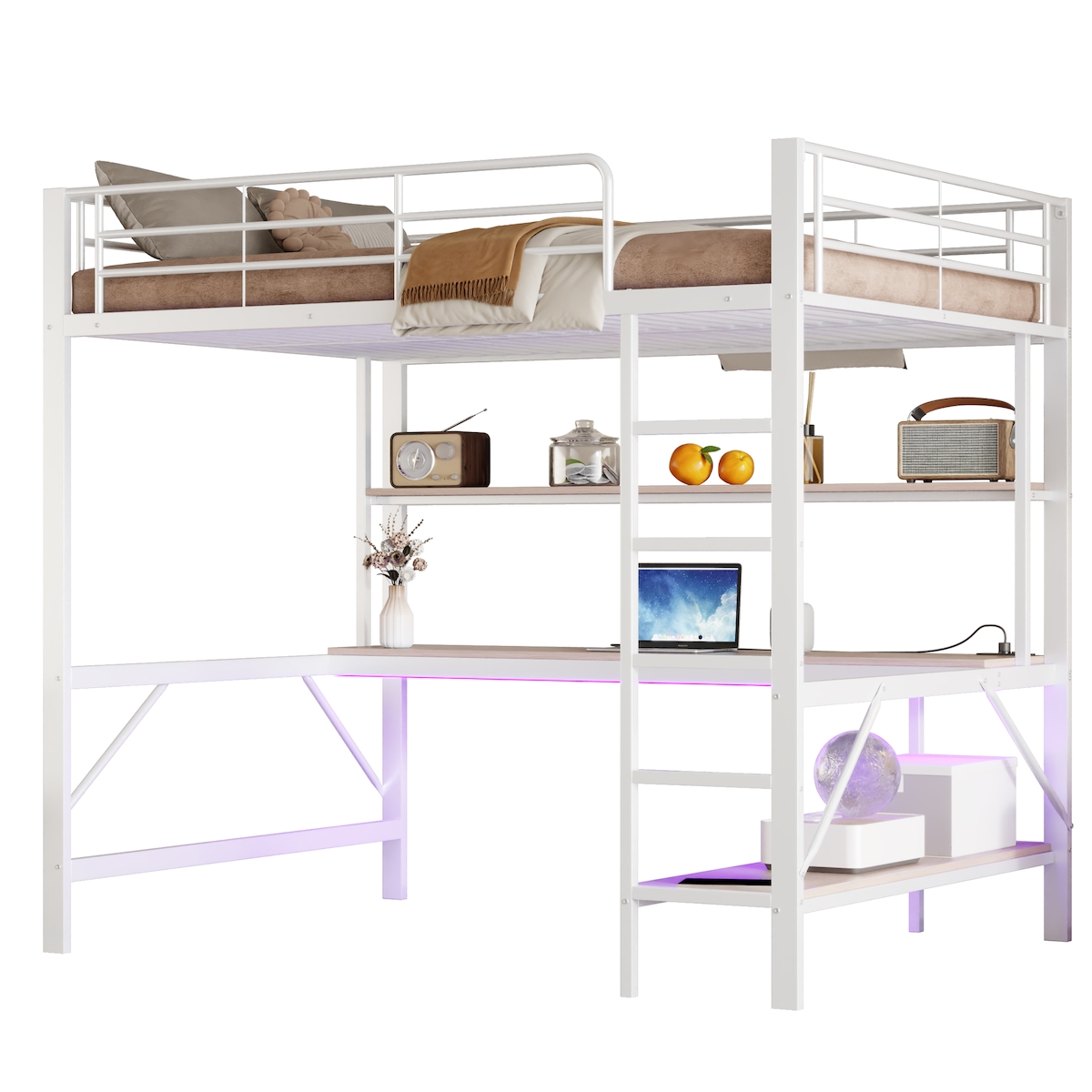 OKWISH Hochbett 140x200 mit Schreibtisch, Regal, LED-Beleuchtung, Steckdose und USB, Metallrahmen, platzsparendes Loftbett, modernes Wohnen Weiß Image