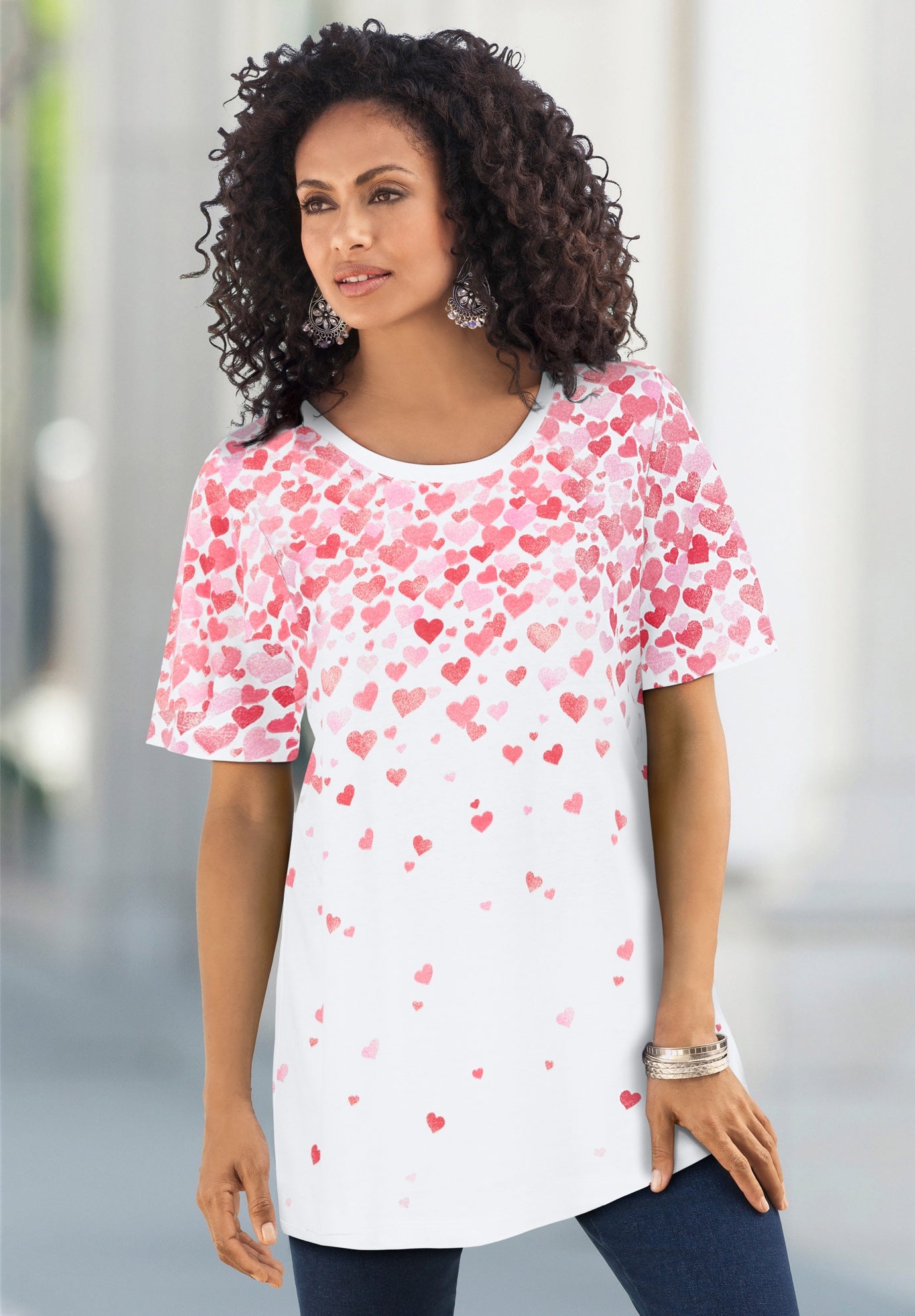 Plus Size Women's Plus Size Cotton Ultimate Crewneck Tee by Roaman's in White Falling Hearts (Size 3X) Shirt