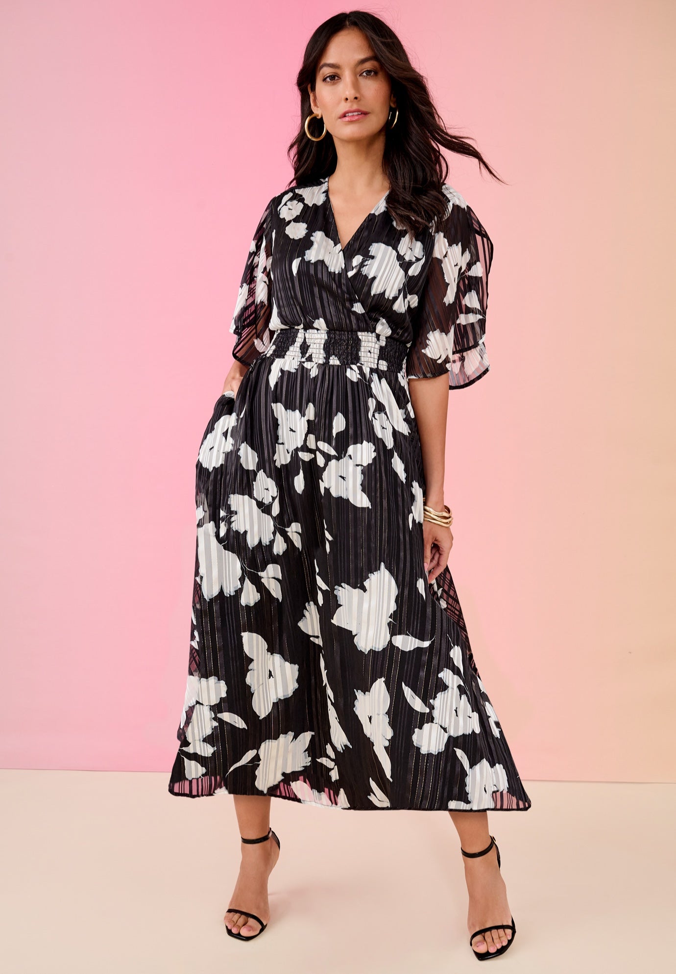 Plus Size Women's Striped Lurex Maxi Dress by Roaman's in Black Silhouette Floral (Size 32 W)