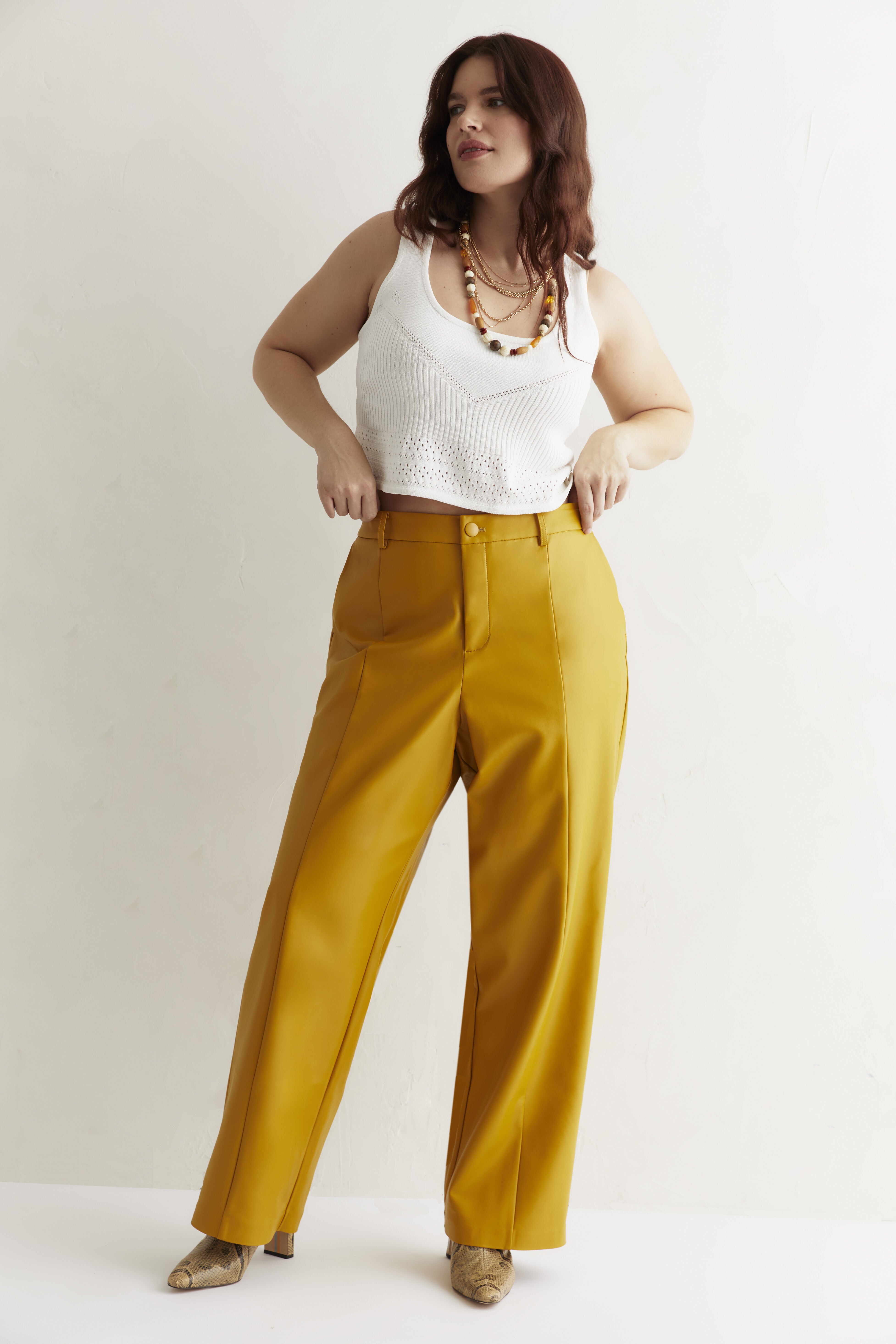 Plus Size Women's High Waisted Faux Leather Pant by June & Vie in Gold Flake (Size 24 W)